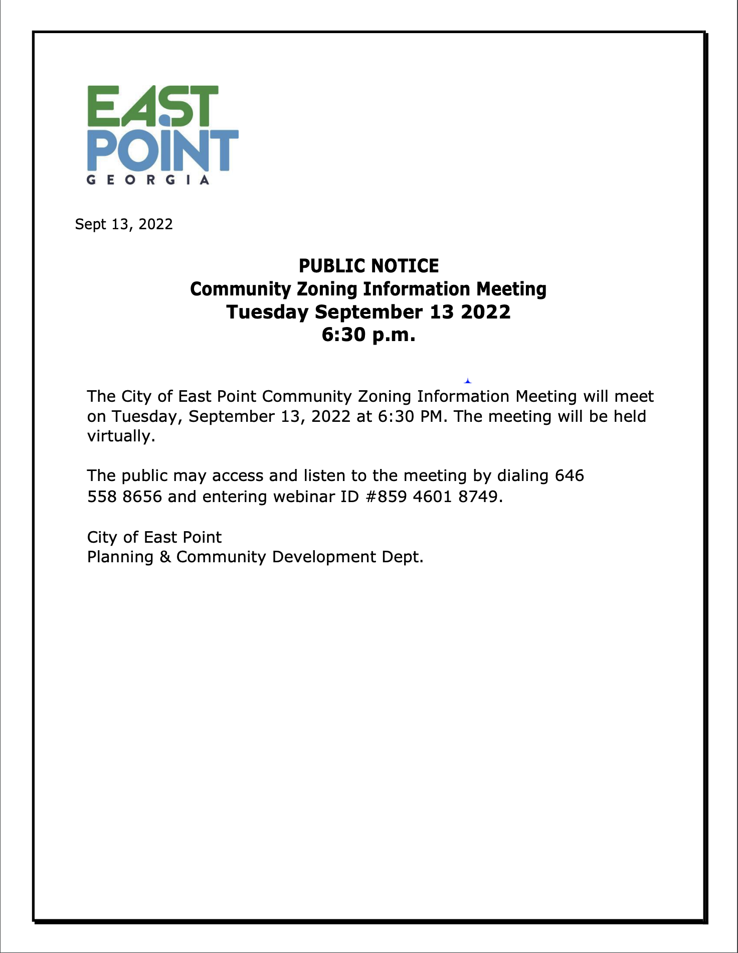 Sept 13 Zoning Meeting