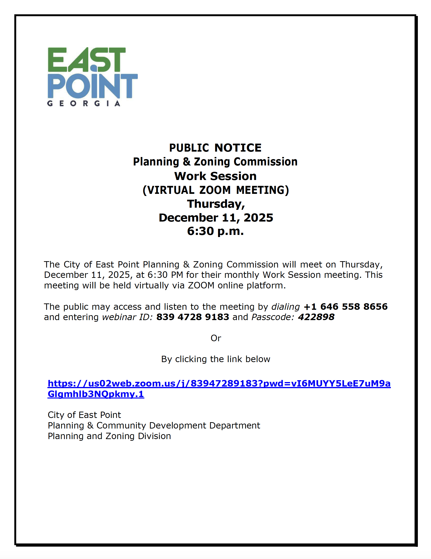 Planning and Zoning Commission Work Session Meeting Public Notice and Agenda