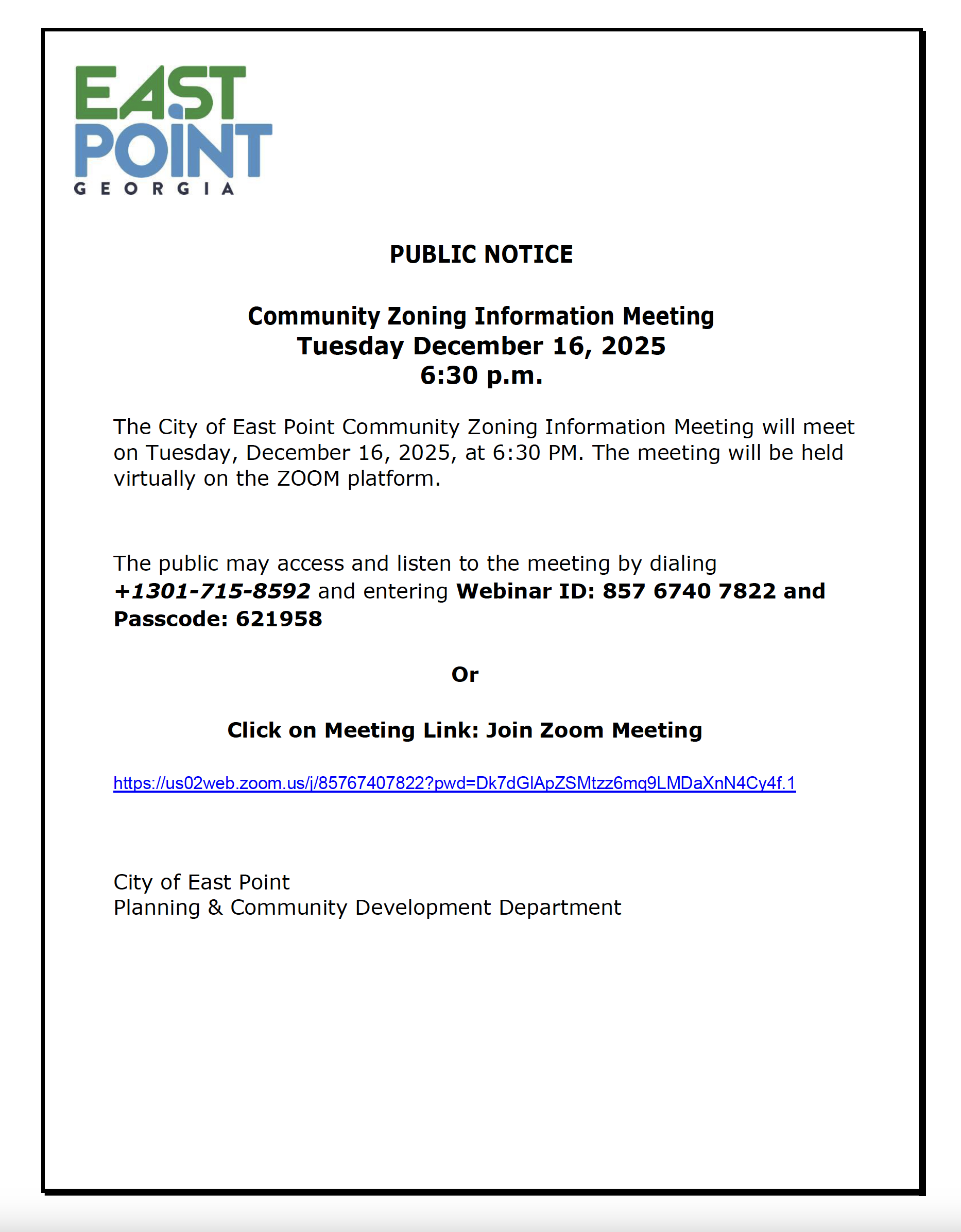 CZIM Meeting Public Notice and Agenda